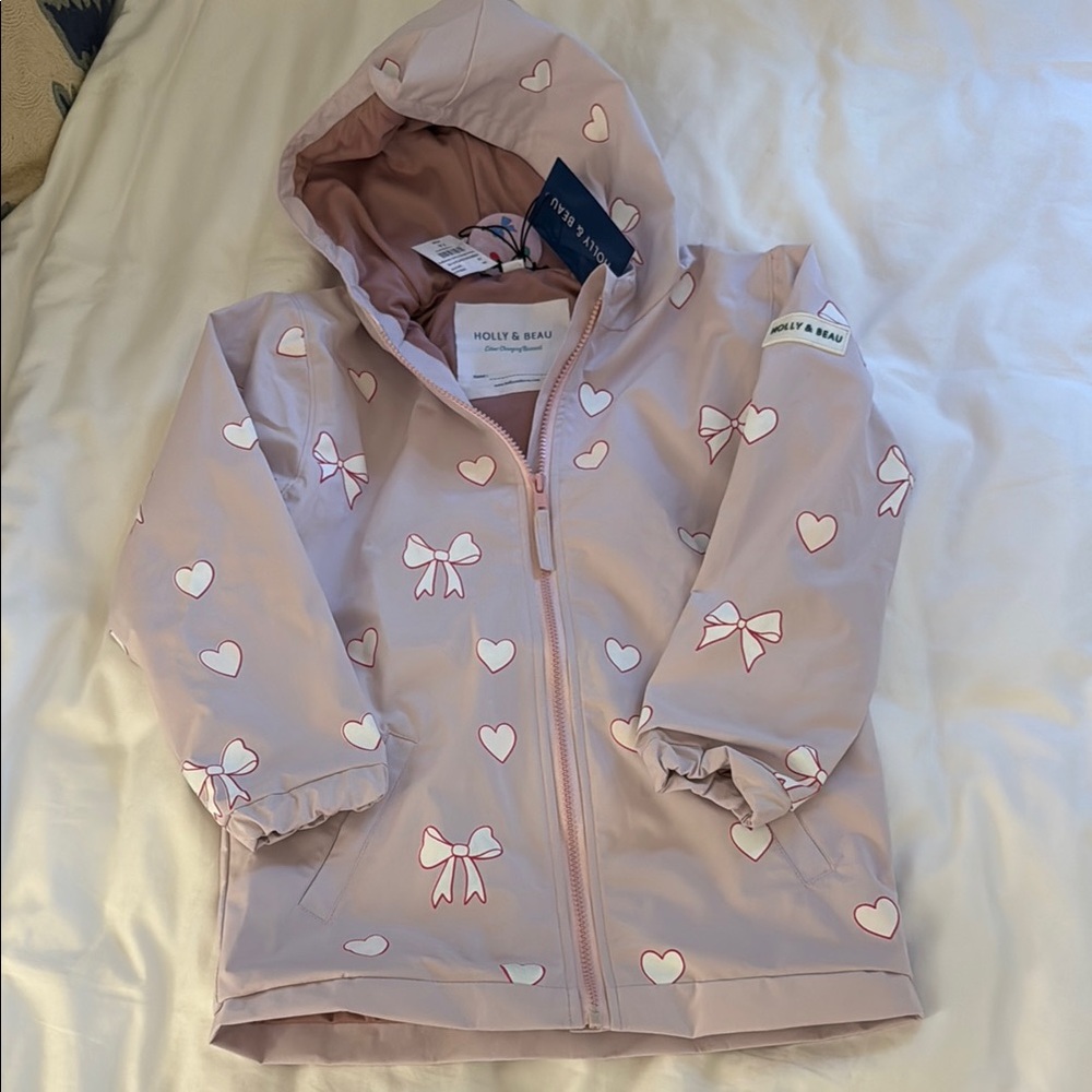 Pink Heart and Bow Kids Rain Jacket size 7-8